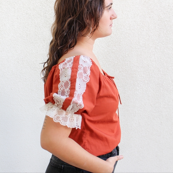 SOLD - Vintage 1970s Deep Orange Rust Off the Shoulder Western Style - Picture 3 of 11